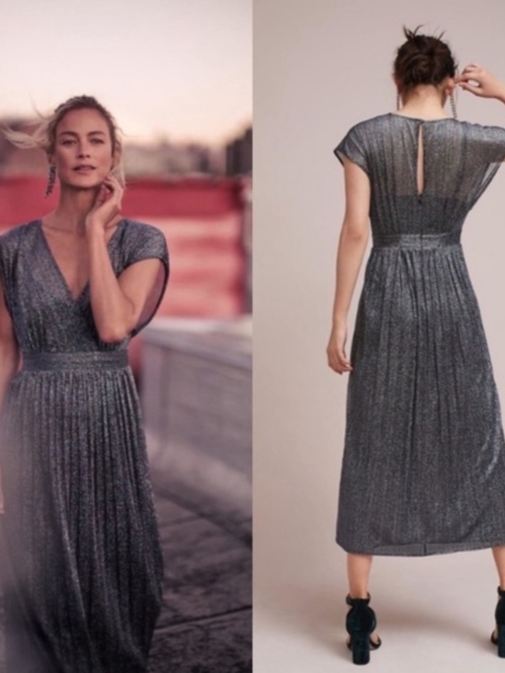 Anthropologie Navy Metallic V‑Neck Maxi Dress